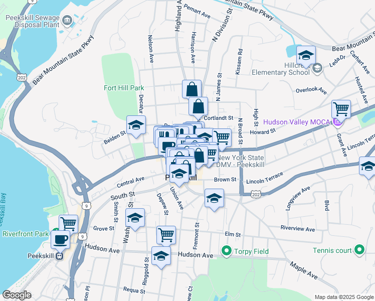 map of restaurants, bars, coffee shops, grocery stores, and more near 108 North Division Street in Peekskill