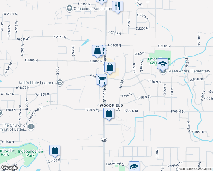 map of restaurants, bars, coffee shops, grocery stores, and more near 1853 Utah 235 in North Ogden