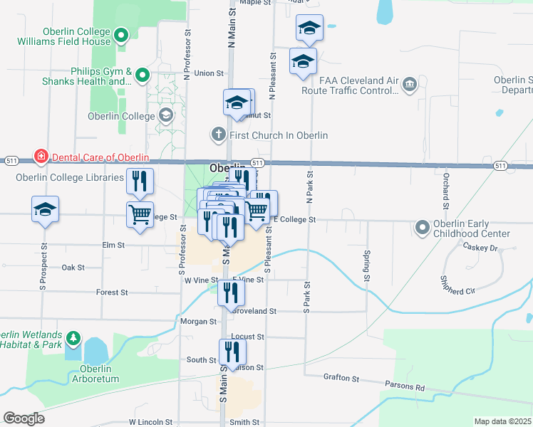 map of restaurants, bars, coffee shops, grocery stores, and more near 64 East College Street in Oberlin