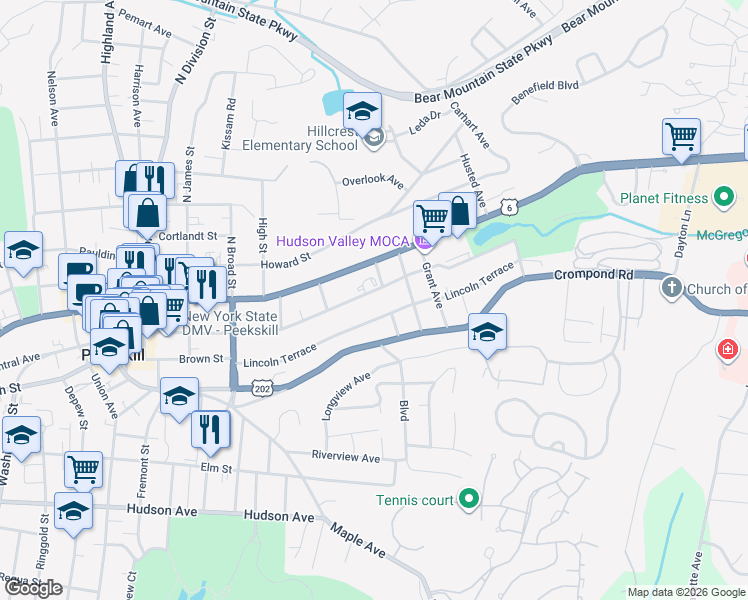 map of restaurants, bars, coffee shops, grocery stores, and more near 1431 Park Street in Peekskill