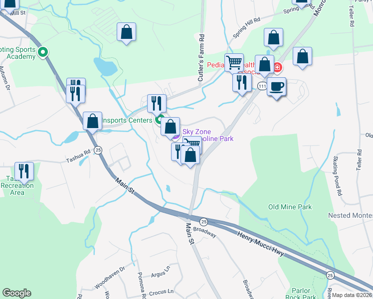 map of restaurants, bars, coffee shops, grocery stores, and more near 12098 Woodland Hills Drive in Trumbull