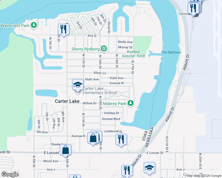 map of restaurants, bars, coffee shops, grocery stores, and more near 1402 Cedar Street in Carter Lake