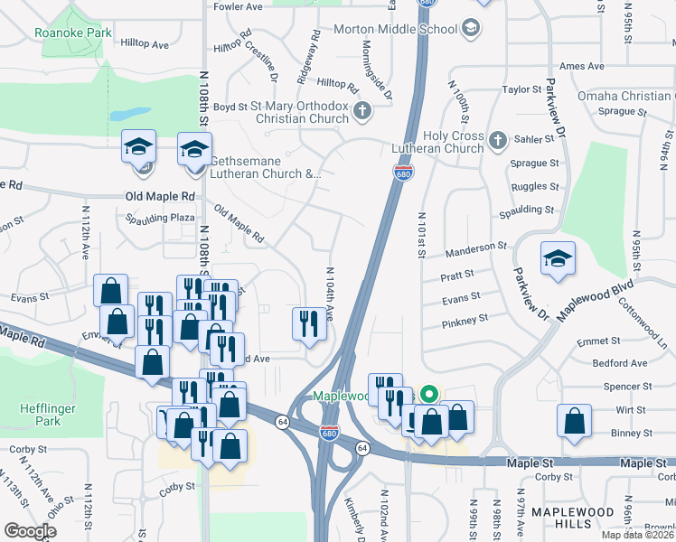 map of restaurants, bars, coffee shops, grocery stores, and more near 3625 North 104th Avenue in Omaha
