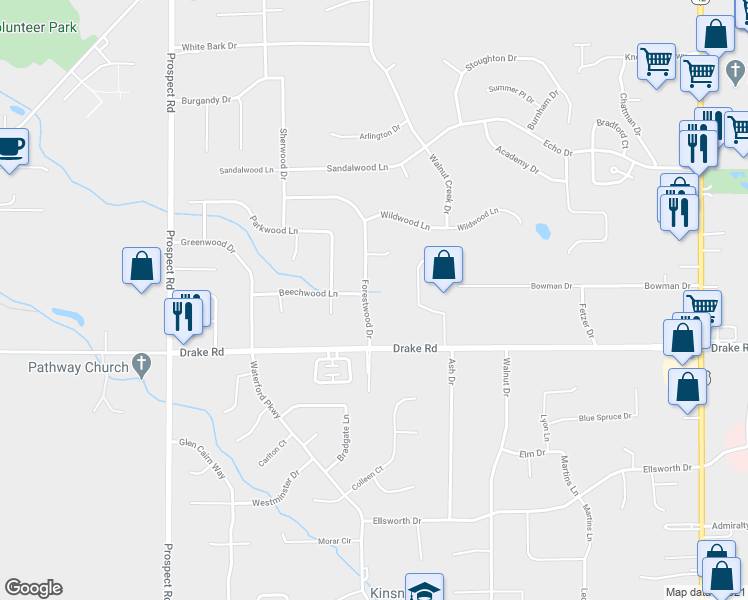 map of restaurants, bars, coffee shops, grocery stores, and more near 16477 Forestwood Drive in Strongsville