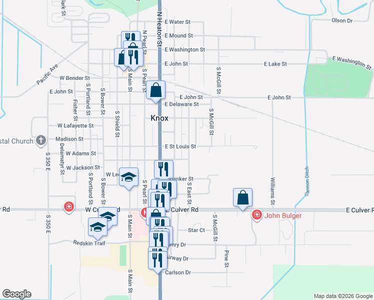 map of restaurants, bars, coffee shops, grocery stores, and more near 300-398 East Saint Louis Street in Knox