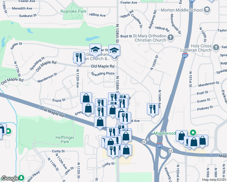 map of restaurants, bars, coffee shops, grocery stores, and more near 3606 North 108th Street in Omaha