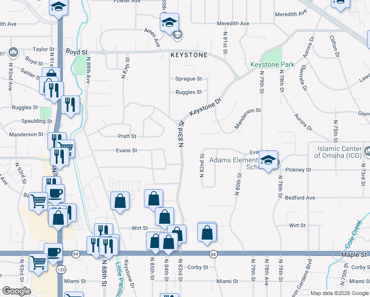 map of restaurants, bars, coffee shops, grocery stores, and more near 3633 North 83rd Street in Omaha