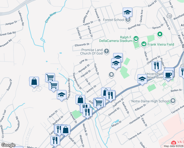 map of restaurants, bars, coffee shops, grocery stores, and more near 25 Wenham Street in West Haven