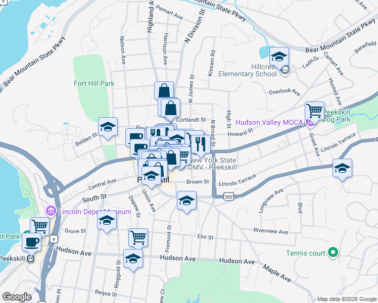 map of restaurants, bars, coffee shops, grocery stores, and more near 9 North James Street in Peekskill