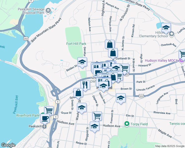 map of restaurants, bars, coffee shops, grocery stores, and more near 831 John Street in Peekskill