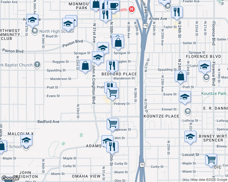 map of restaurants, bars, coffee shops, grocery stores, and more near 3611 N 30th St in Omaha