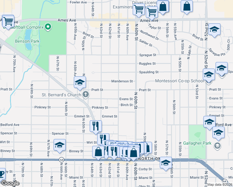 map of restaurants, bars, coffee shops, grocery stores, and more near 3616 North 61st Street in Omaha