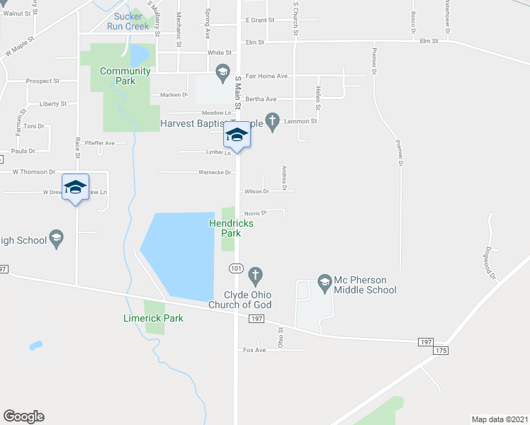 map of restaurants, bars, coffee shops, grocery stores, and more near 202 Norris Drive in Clyde