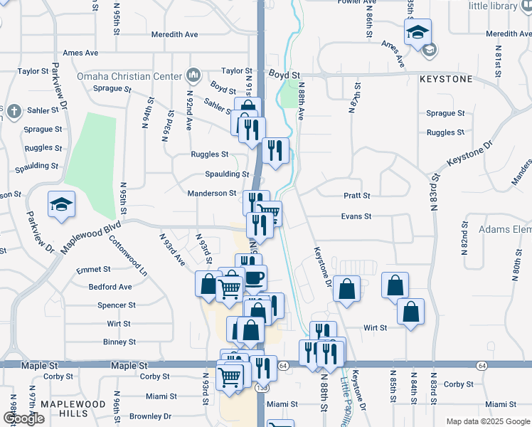 map of restaurants, bars, coffee shops, grocery stores, and more near 3609 North 90th Street in Omaha