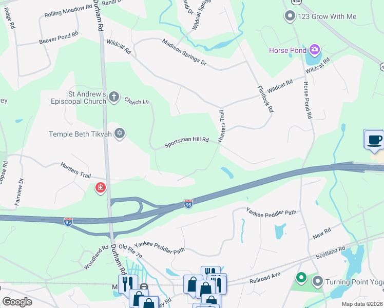 map of restaurants, bars, coffee shops, grocery stores, and more near 38 Sportsman Hill Road in Madison