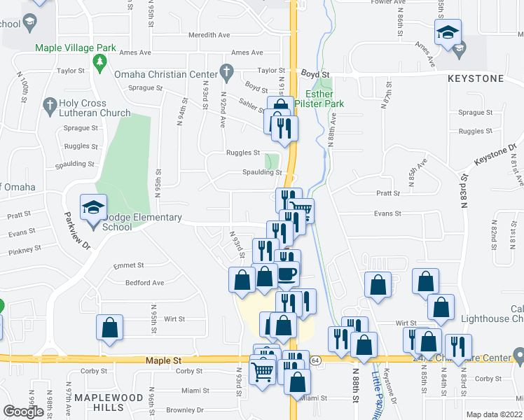 map of restaurants, bars, coffee shops, grocery stores, and more near 9110 Maplewood Boulevard in Omaha