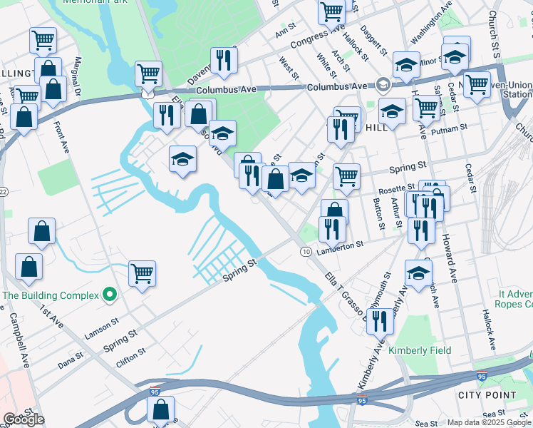 map of restaurants, bars, coffee shops, grocery stores, and more near 440 Ella T Grasso Boulevard in New Haven