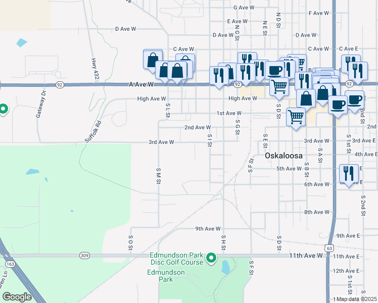 map of restaurants, bars, coffee shops, grocery stores, and more near 1092-1398 3rd Avenue West in Oskaloosa