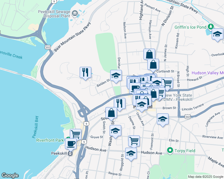 map of restaurants, bars, coffee shops, grocery stores, and more near 122 Hadden Street in Peekskill
