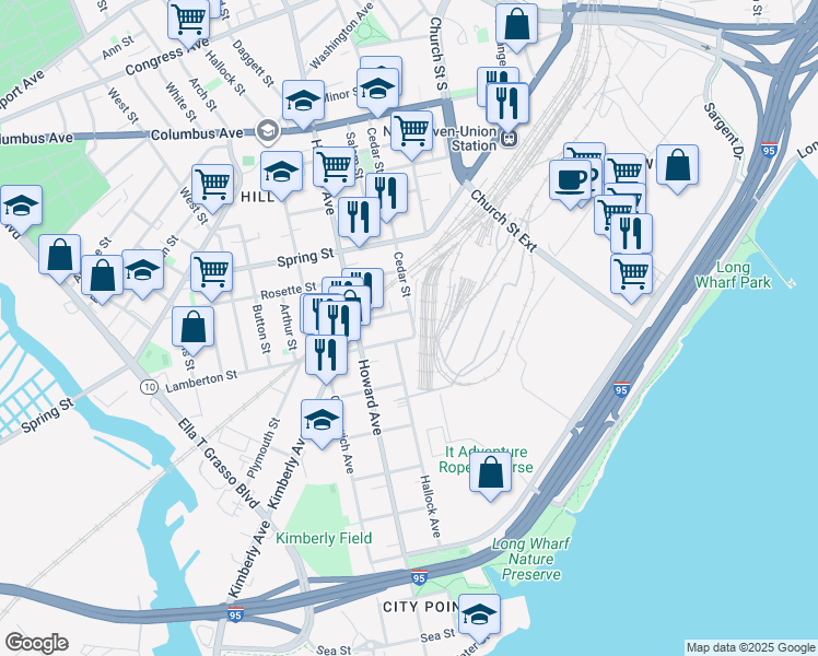 map of restaurants, bars, coffee shops, grocery stores, and more near 10 Cedar Street in New Haven