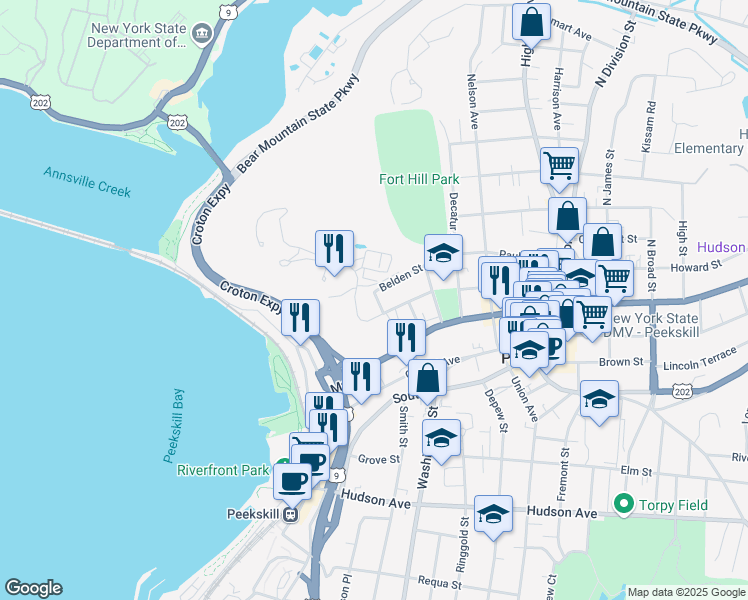 map of restaurants, bars, coffee shops, grocery stores, and more near 212 Saint Marys Street in Peekskill
