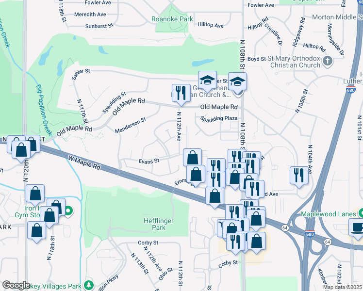 map of restaurants, bars, coffee shops, grocery stores, and more near 3621 North 112th Avenue in Omaha