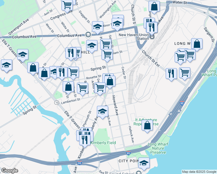map of restaurants, bars, coffee shops, grocery stores, and more near 3 Kimberly Avenue in New Haven