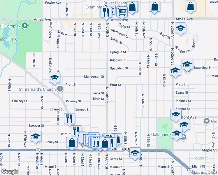 map of restaurants, bars, coffee shops, grocery stores, and more near 3623 North 60th Street in Omaha
