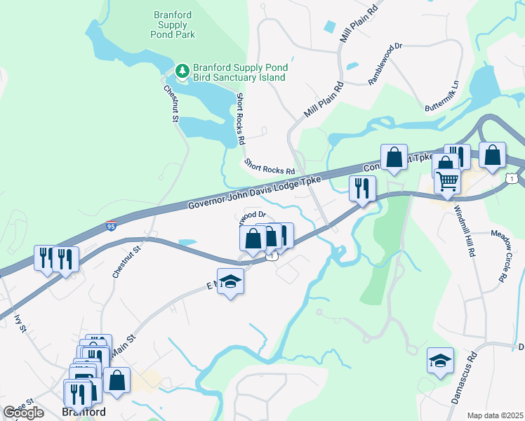 map of restaurants, bars, coffee shops, grocery stores, and more near 63 Manorwood Drive in Branford
