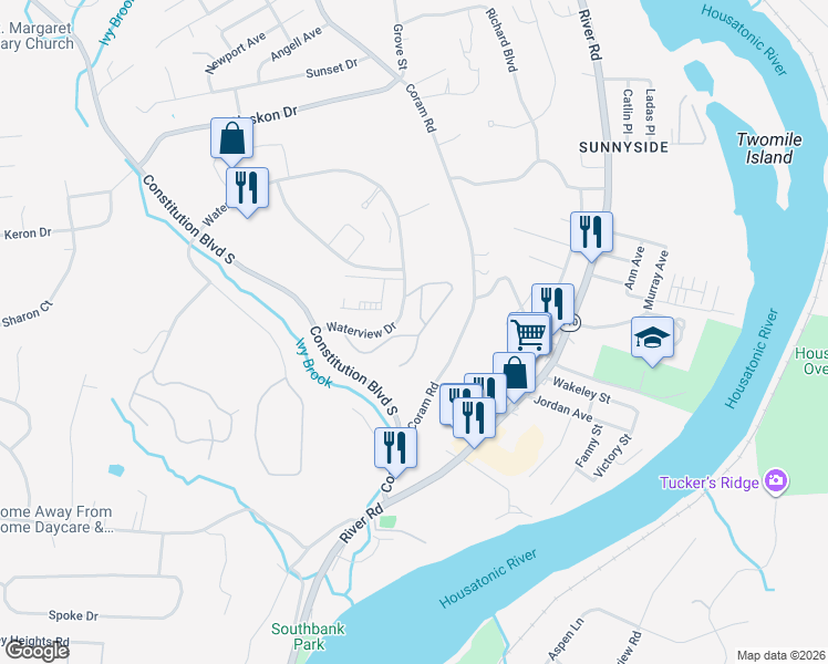 map of restaurants, bars, coffee shops, grocery stores, and more near 126 Morningside Drive in Shelton