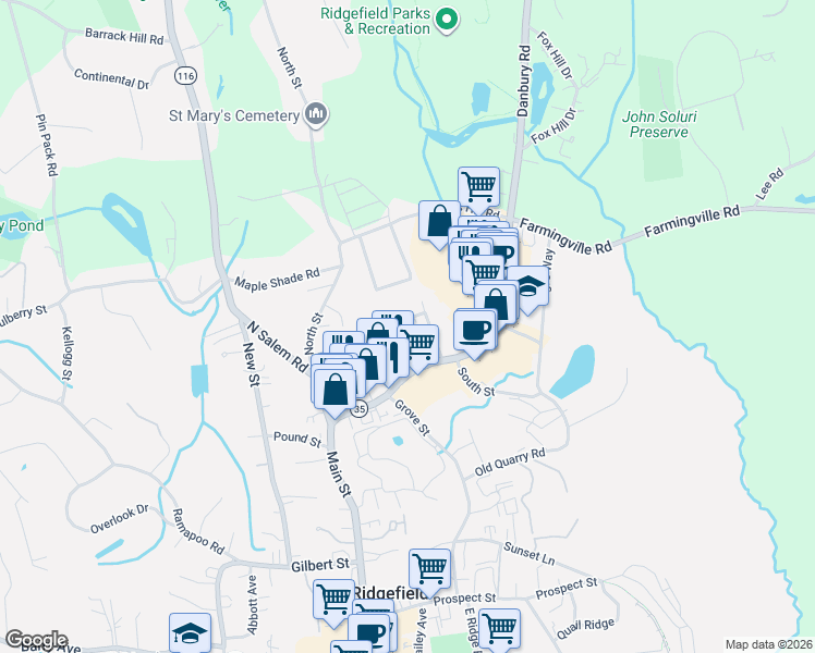 map of restaurants, bars, coffee shops, grocery stores, and more near 6 Hillsdale Avenue in Ridgefield