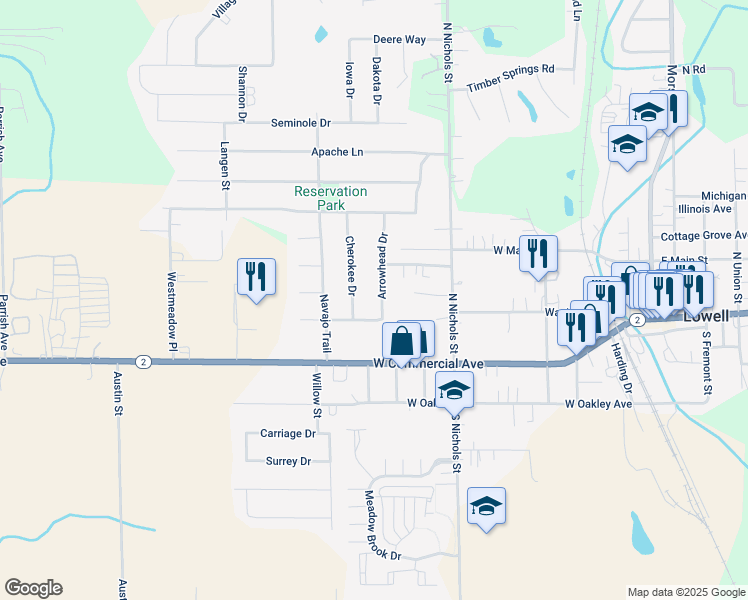 map of restaurants, bars, coffee shops, grocery stores, and more near 227 Arrowhead Dr in Lowell