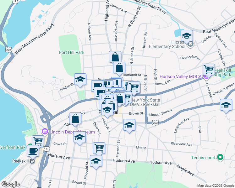 map of restaurants, bars, coffee shops, grocery stores, and more near 1008 Main Street in Peekskill