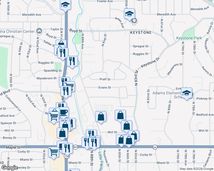 map of restaurants, bars, coffee shops, grocery stores, and more near 8536 Evans Street in Omaha