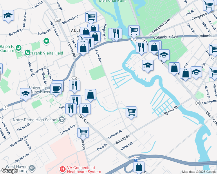 map of restaurants, bars, coffee shops, grocery stores, and more near 308 Front Avenue in West Haven