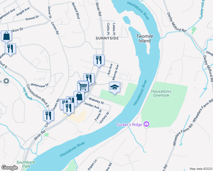 map of restaurants, bars, coffee shops, grocery stores, and more near 22 Sunnyside Drive in Shelton