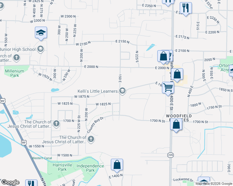 map of restaurants, bars, coffee shops, grocery stores, and more near 141 East 1875 in North Ogden