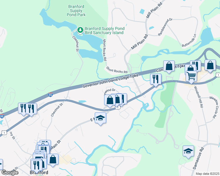 map of restaurants, bars, coffee shops, grocery stores, and more near 63 Manorwood Drive in Branford