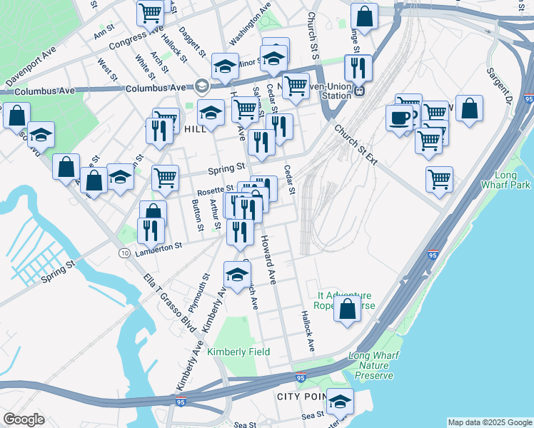 map of restaurants, bars, coffee shops, grocery stores, and more near 24 Cassius Street in New Haven