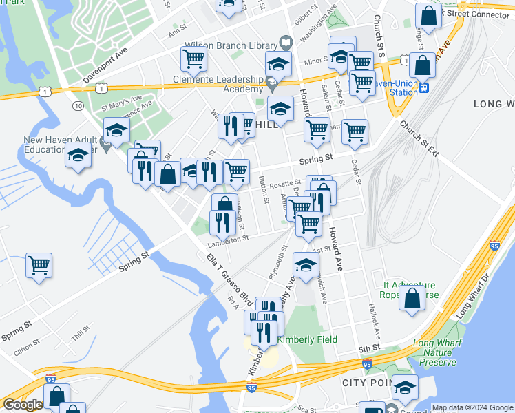 map of restaurants, bars, coffee shops, grocery stores, and more near 48 Hurlburt Street in New Haven