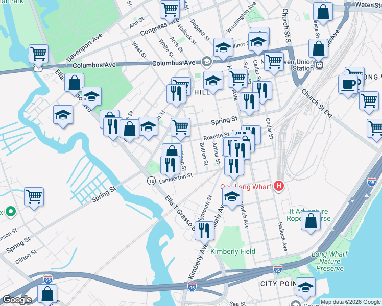 map of restaurants, bars, coffee shops, grocery stores, and more near 48 Hurlburt Street in New Haven