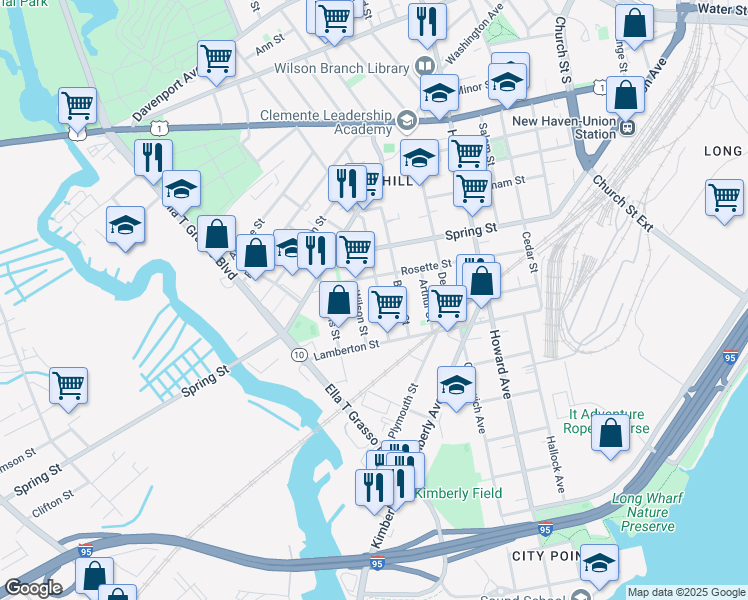 map of restaurants, bars, coffee shops, grocery stores, and more near 48 Hurlburt Street in New Haven