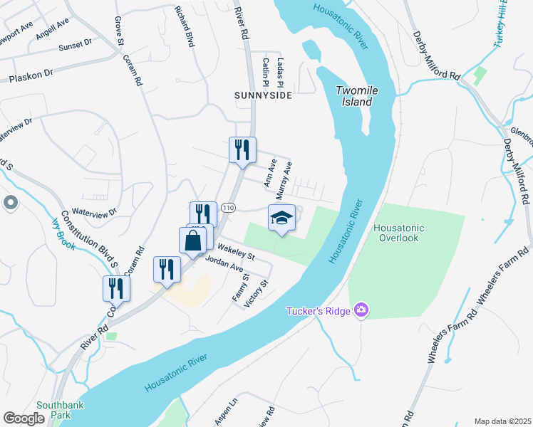 map of restaurants, bars, coffee shops, grocery stores, and more near 22 Sunnyside Drive in Shelton