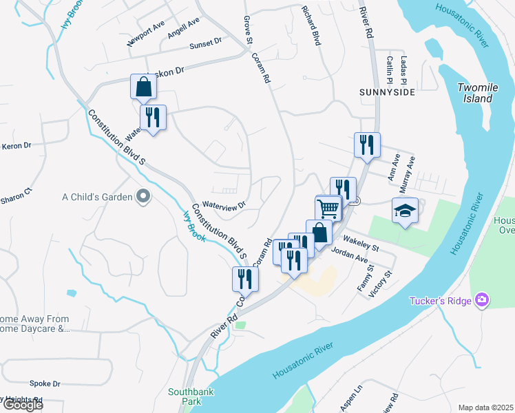 map of restaurants, bars, coffee shops, grocery stores, and more near 126 Morningside Drive in Shelton