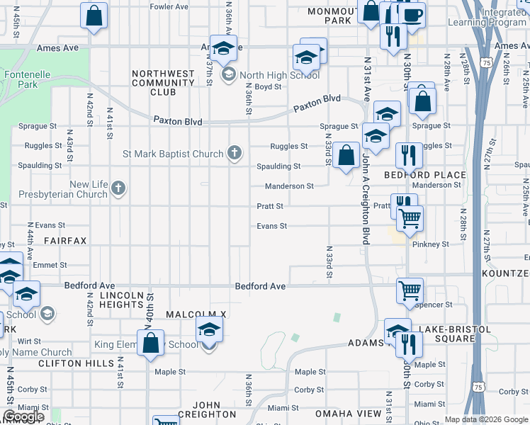 map of restaurants, bars, coffee shops, grocery stores, and more near 3489 Pratt Street in Omaha