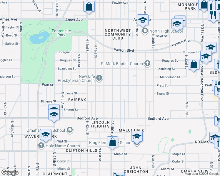 map of restaurants, bars, coffee shops, grocery stores, and more near 4015 Pratt Street in Omaha