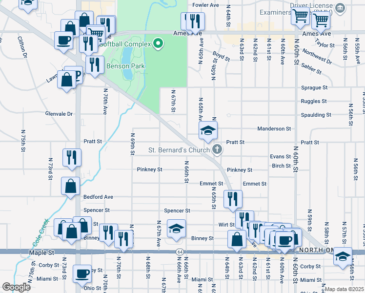 map of restaurants, bars, coffee shops, grocery stores, and more near 6613 Pratt Street in Omaha