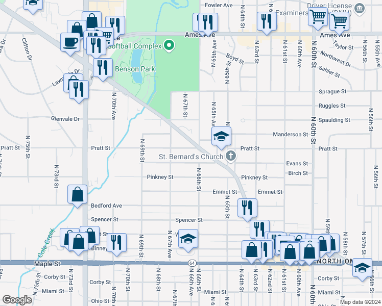 map of restaurants, bars, coffee shops, grocery stores, and more near 6613 Pratt Street in Omaha