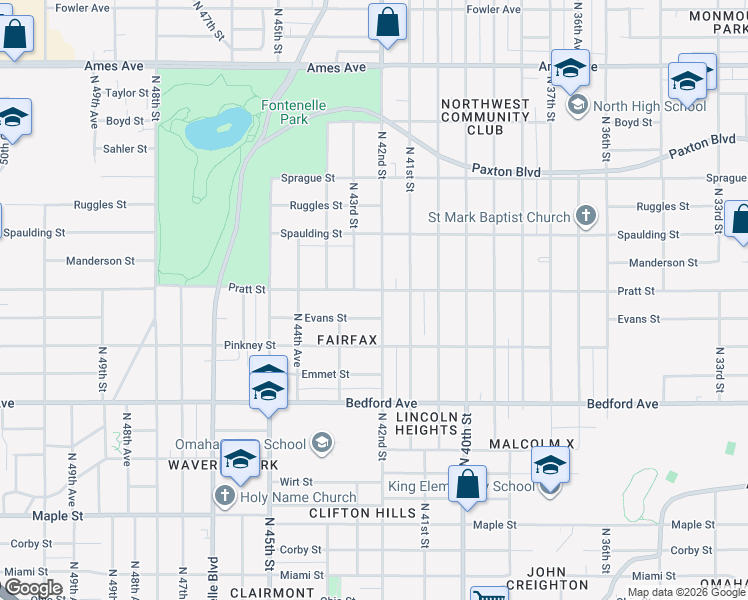 map of restaurants, bars, coffee shops, grocery stores, and more near 3614 North 42nd Street in Omaha