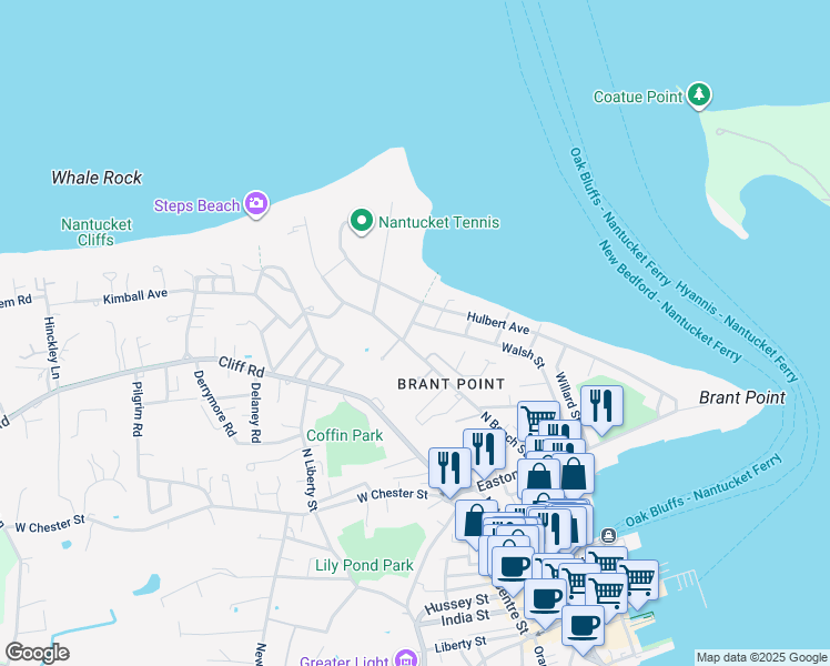 map of restaurants, bars, coffee shops, grocery stores, and more near 8 Charles Street in Nantucket
